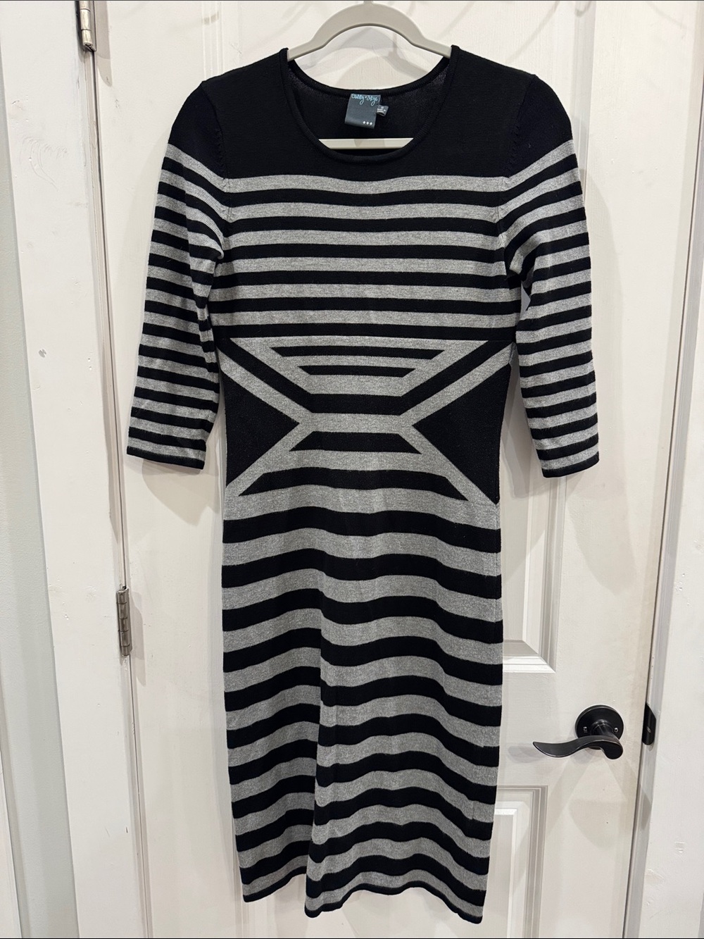 Gabby Skye Black Gray Striped Midi Knit Sweater Dress Geometric Hourglass Print